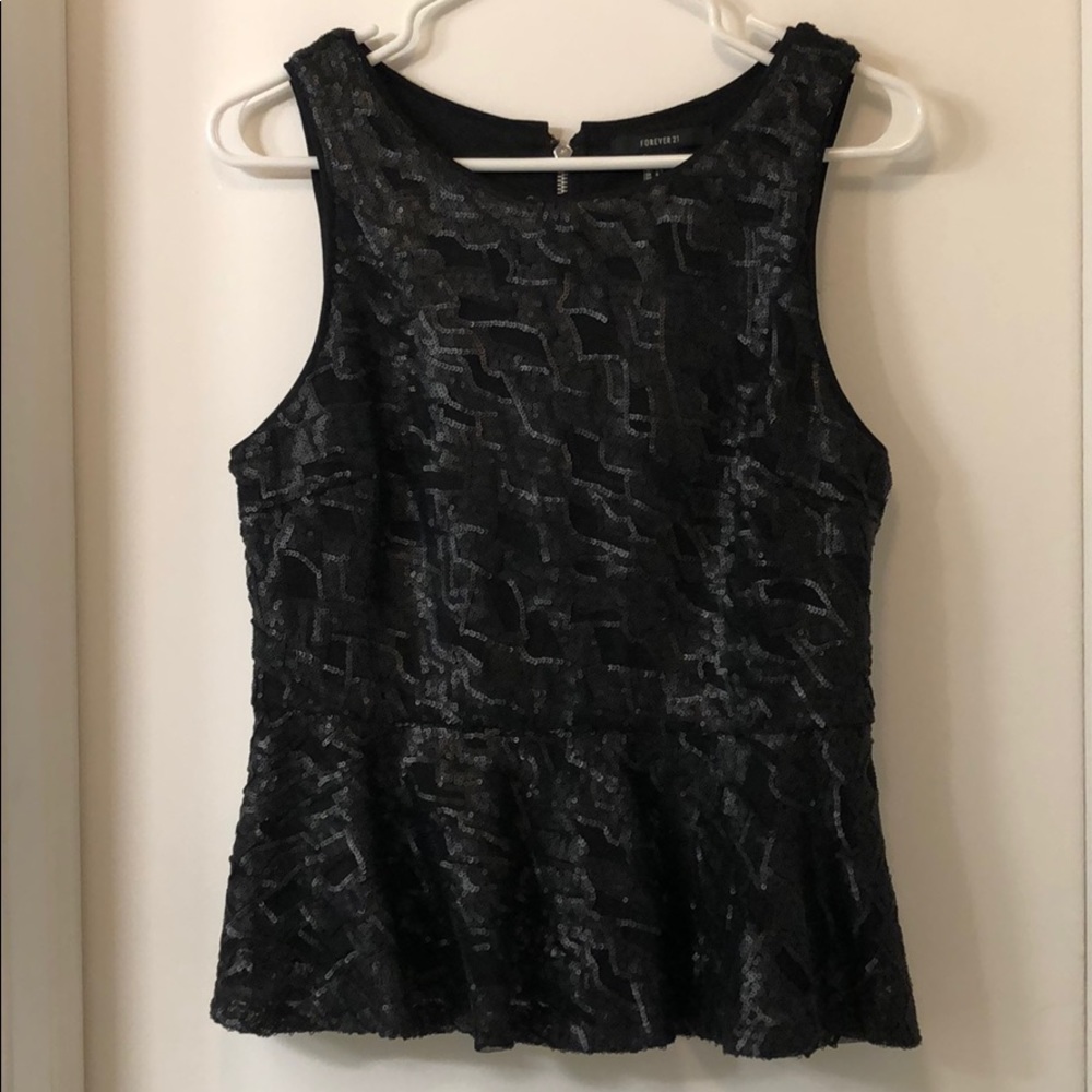 Forever 21 Black Sequined Zip Back Peplum Top
